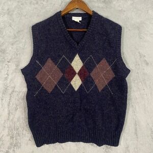 Cattivo Sweater Vest XL Navy Blue Argyle 100% Shetland Wool V-Neck VTG Grandpa